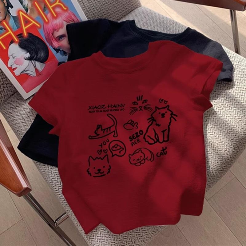 Women's Casual Cat Print T-Shirt Short Sleeve Crew Neck Loose Fit Tee Top