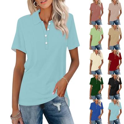 Blusa de manga corta con solapa y botones estampados en color liso para mujer