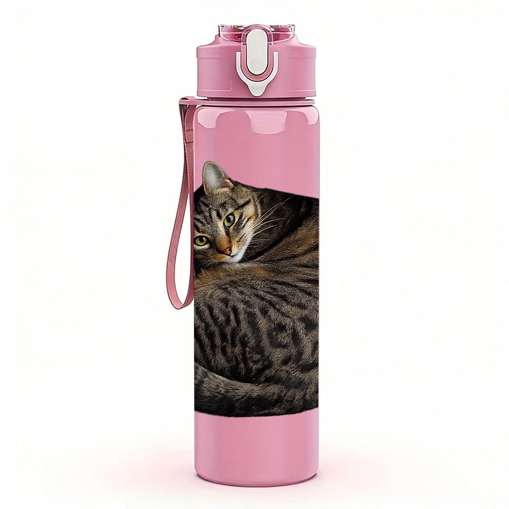 1PC Tabby Cat Curled Up Sleep Print 750ml Color Plastic Sports Water Bottle Leakproof Flip Straw Lid Suitable for Sports Office Home Use