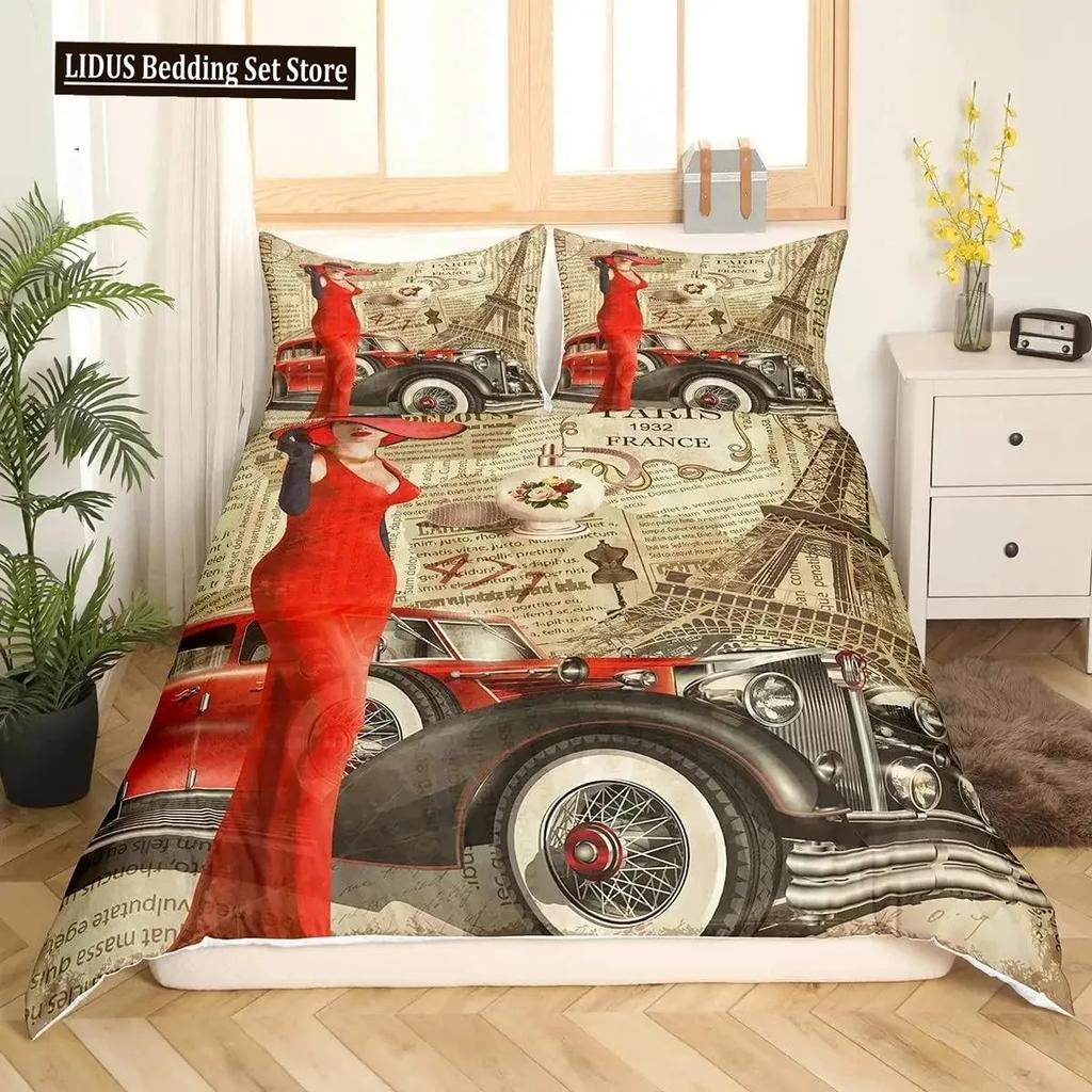 Comforter Valentine Day King Queen Paris Eiffel Tower Bedding Set Pink Watercolor Tulips Flowers Balloon Polyester