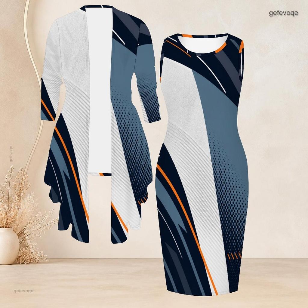 Womens Plus Size Geometric Printed Two Piece Set Sleeveless Bodycon Dress And 3 4 Sleeve Open Front Cardigan