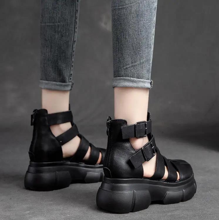 Fashion Hot Quality 6CM Retro Thick Heel Sandals for Women Genuine Leather Summer High Heel Closed Toe Sandals Buckle ZIP Platform Shoes