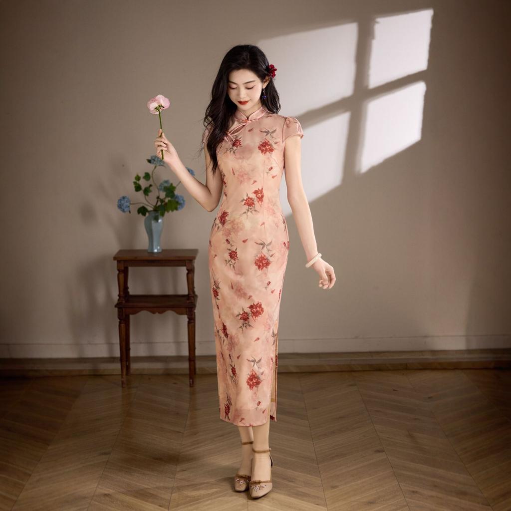 New Chinese-style improved cheongsam women's 1011 spring new pink flower slim-fit long daily wear retro dress