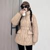 Women's Stand Collar Long Sleeve Raglan Sleeve Coat Loose Fit Casual Puffer Jacket with Belted Waist for Autumn Wear