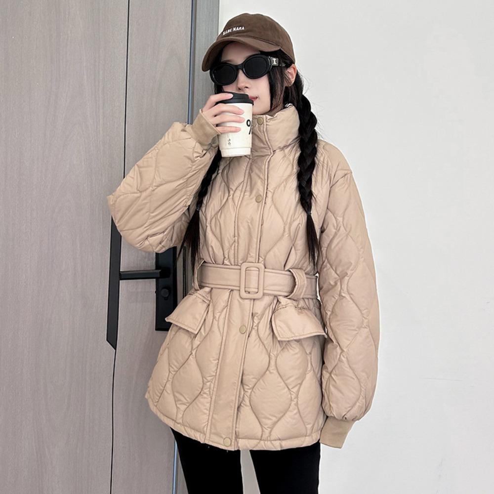 Women's Stand Collar Long Sleeve Raglan Sleeve Coat Loose Fit Casual Puffer Jacket with Belted Waist for Autumn Wear