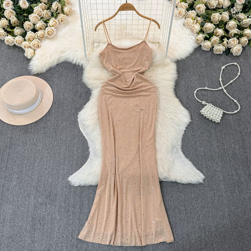 

Fashion Skirt Classy Socialite Style Accessible Luxury Hot Drilling Silm Long Stretch Mesh Spaghetti-Strap Dress Holiday Dress Women Khaki XL