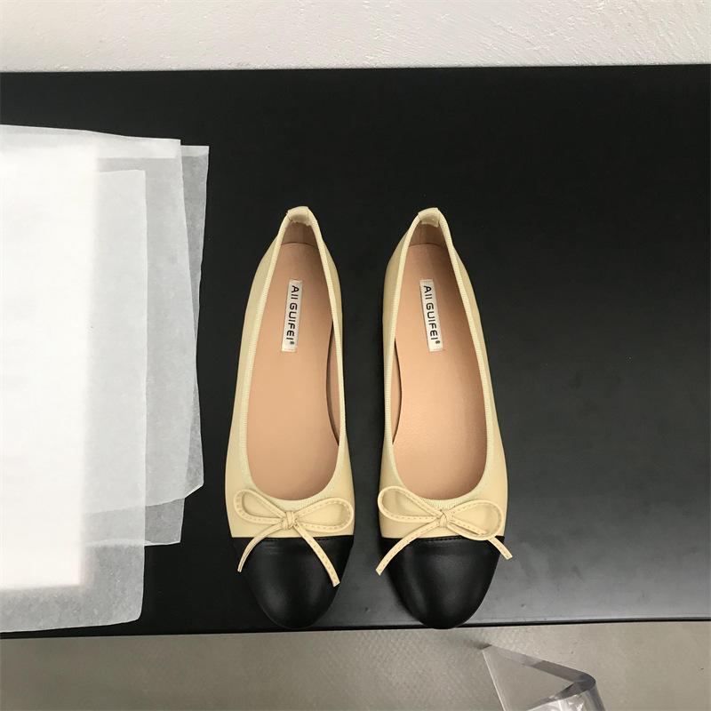 Mode Damen Leder Ballerinas Modische Runde Zehenpartie Lässige Ballerinas Schleife Ballettschuh Weicher Mokassin mit Beigen Lolita Mary Janes Schuhen