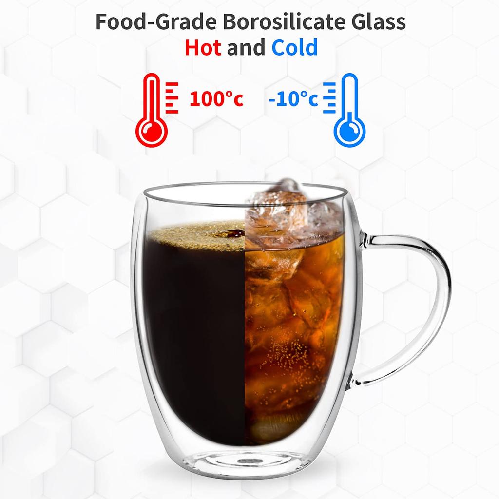 TeamSky TeamSky Set de Perete Dublu pentru Căldură Cafea Căldură Dublă Ceai Rece Căni pentru Băuturi Acasă cu Set de Ustensile de Bucătărie Set de 4 cu Pahare, 350ml, 4, Rezistent,