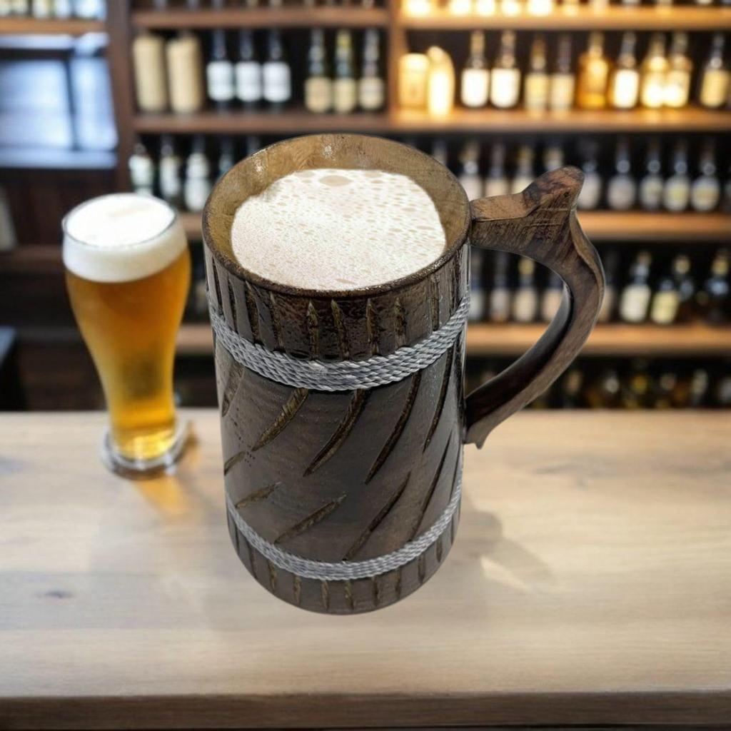 500ml Handgefertigter Holz-Bierkrug, Mangoholz mit Sheesham-Finish, Fassstil, Leicht & Langlebig, für Craft-Bier, Hausbar, Café, Party, Geschenk