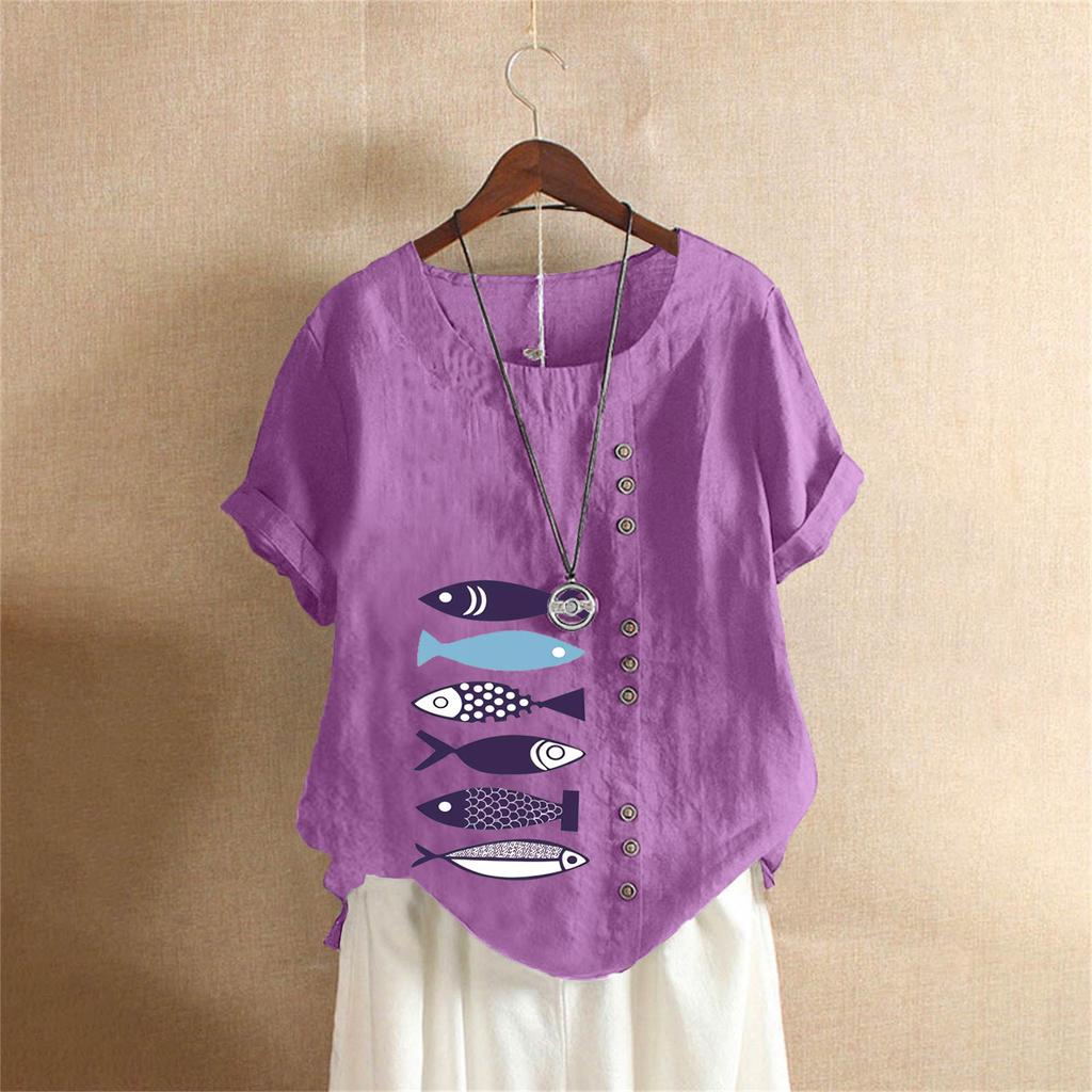 T-shirt Estiva Oversize in Cotone e Lino a Maniche Corte, Abbigliamento Donna Oversize Stampato in Cotone e Lino