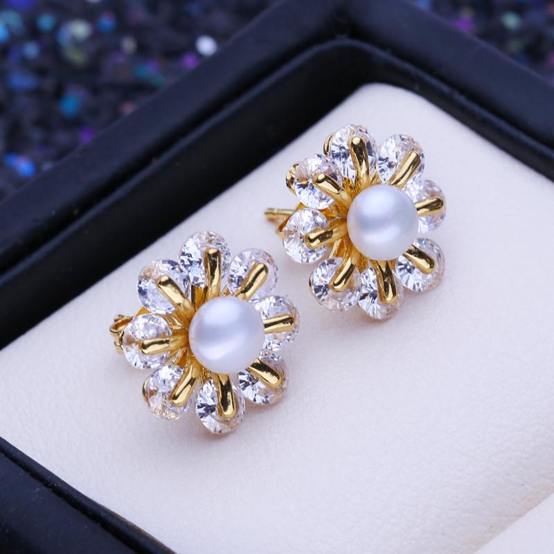 

LSOOYH серьги с натуральным пресноводным жемчугом для женщин, модные серьги-гвоздики золотого цвета с цветком, подарок на день рождения для девочек белый