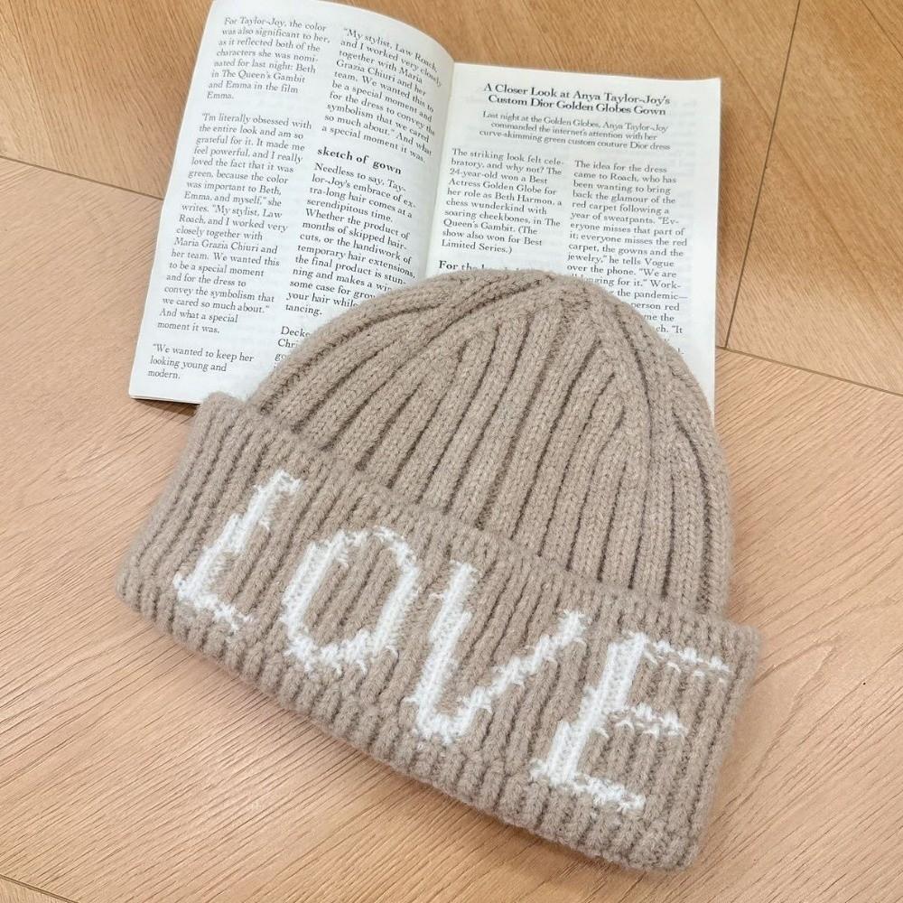 Stretchy Letter Embroidered Knitted Beanie Hat Face Slimming Thick Earflap Beanie Casual