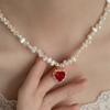 Collana Pendente da Donna Romantico Cuore Rosso d'Amore Cristallo Lucido Perla d'Acqua Dolce Naturale Irregolare Placcata Oro 14K Regali