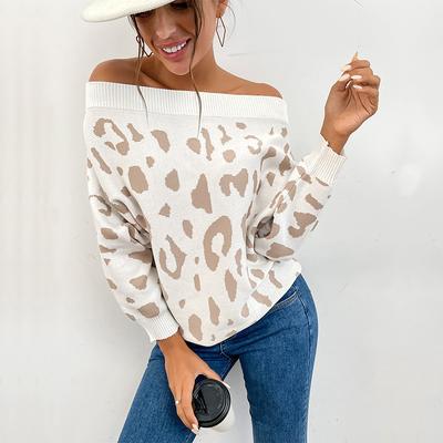 Autumn and Winter Women's Sweater Fashion Knit Leopard Print Long Sleeve Strapless One Shoulder Sweater