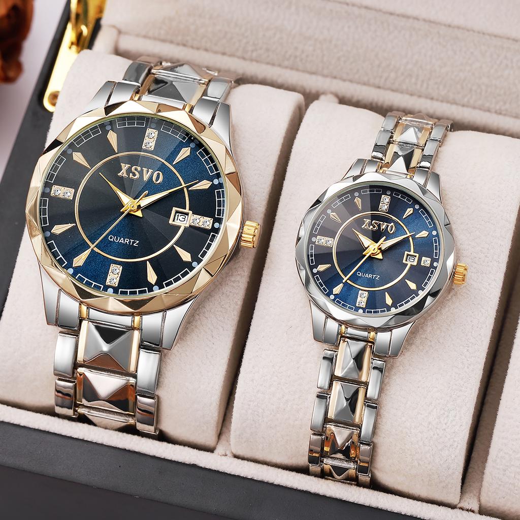 New Elegant Quartz Watch Couple's Watch Blue Disc with Diamond Calendar Functional Steel Chain Quartz Watch Set Daily Match