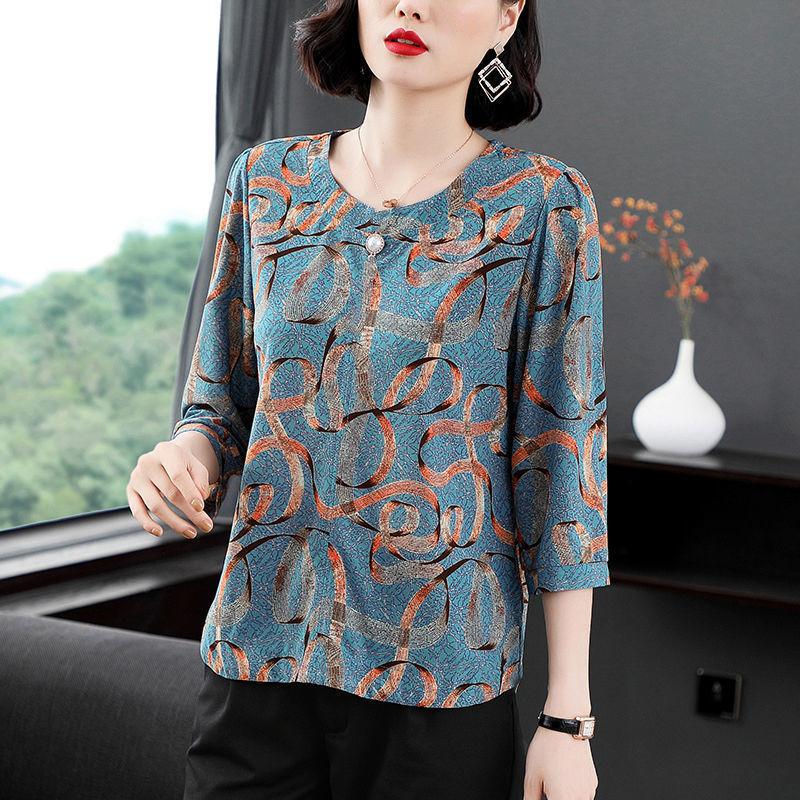 Dreiviertelarm T-Shirt Mutter mittleren Alters Frühlingsoberteil T-Shirt im chinesischen Stil Halbarm Künstlerisches Oberteil