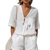 Summer Women's Solid Color Casual 2-Piece Set, Lace-Up Short Sleeve Cardigan Shirt + Loose Shorts