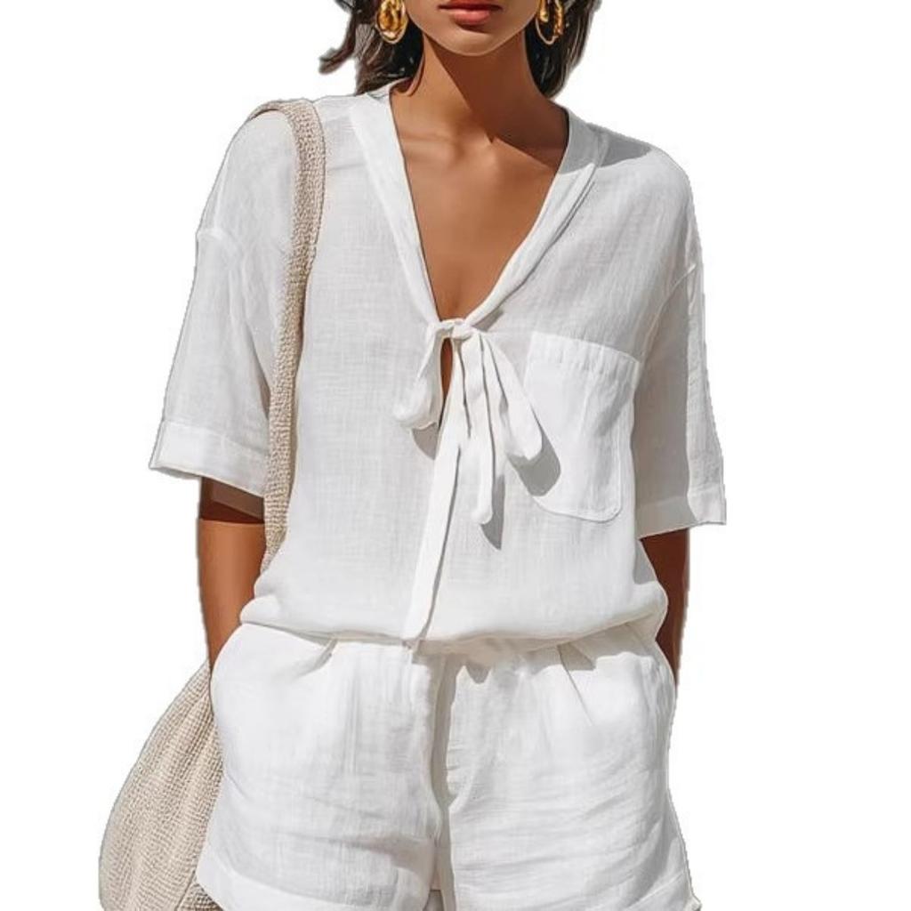 Summer Women's Solid Color Casual 2-Piece Set, Lace-Up Short Sleeve Cardigan Shirt + Loose Shorts