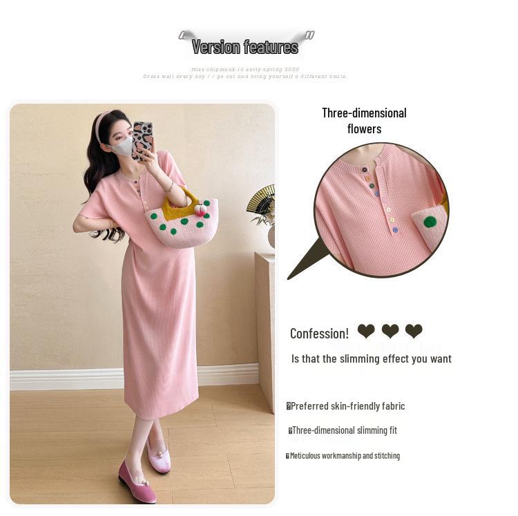 Summer 2026 Ice Silk Knit V-Neck Button Maternity Midi Dress