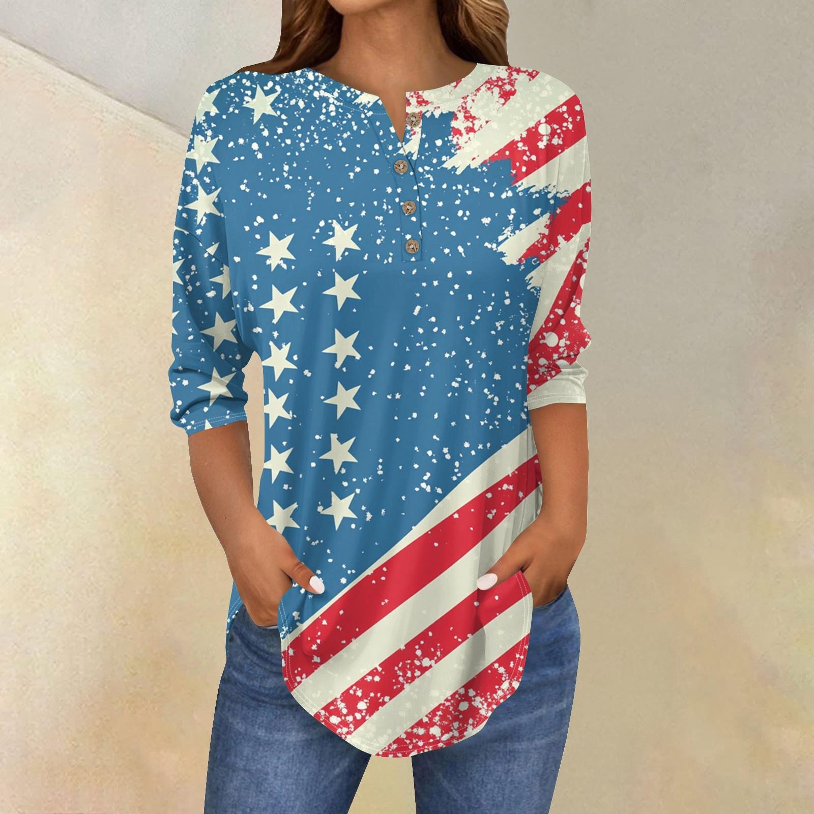 

3/4 Length Sleeve Womens Tops Dressy Casual Blouses Loose Fit Tunic Tops Button Up T Shirts XL
