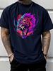Unisex Red T Shirt Neon Color Roaring Tiger Head With Chinese Character Print Crew Neck Loose Casual Unisexs Short Sleeve Top