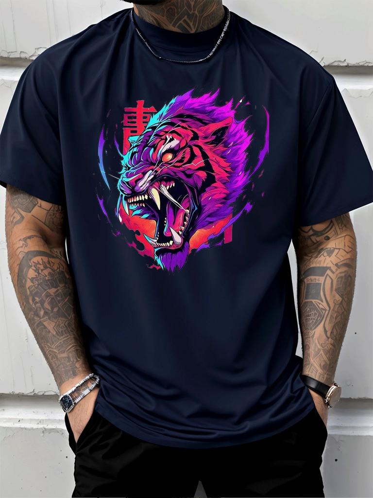 Unisex Red T Shirt Neon Color Roaring Tiger Head With Chinese Character Print Crew Neck Loose Casual Unisexs Short Sleeve Top