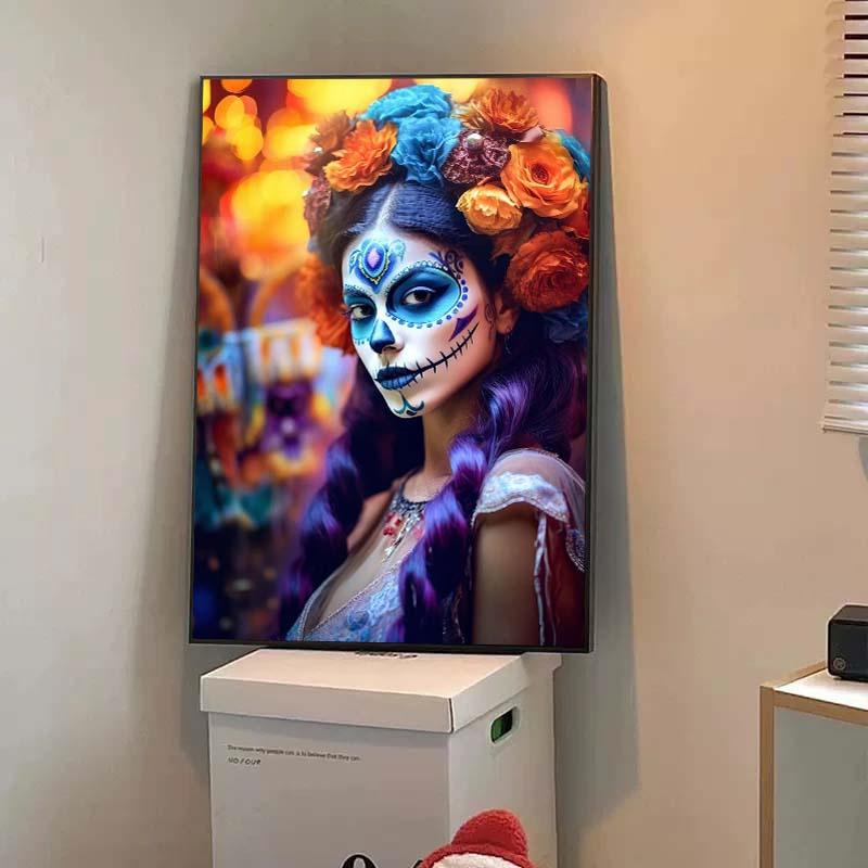 Festive and Mysterious Mexican Girl Day of Dead Gothic Sugar Skulls Canvas Painting Posters Prints Wall Art Picture Home Decor