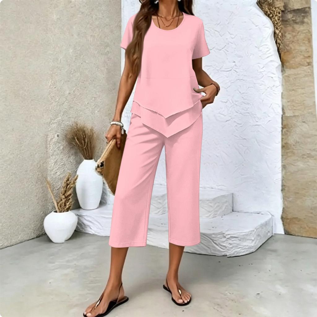 Women's Casual Two Piece Set Short Sleeve Round Neck Top with Layered Hem and Cropped Wide Leg Pants Comfortable Lounge Outfit