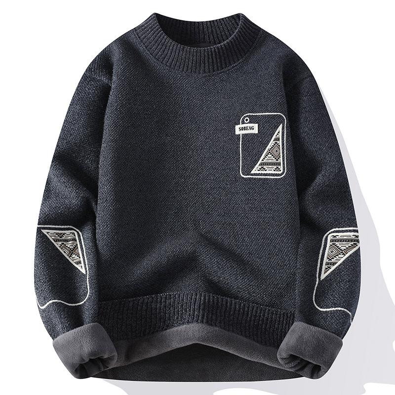 Autumn Men's Knitted Bottoming Shirt Korean Version Plus Velvet Thickened Warm Slim-fit Pullover Round Neck Fashion Sweater
