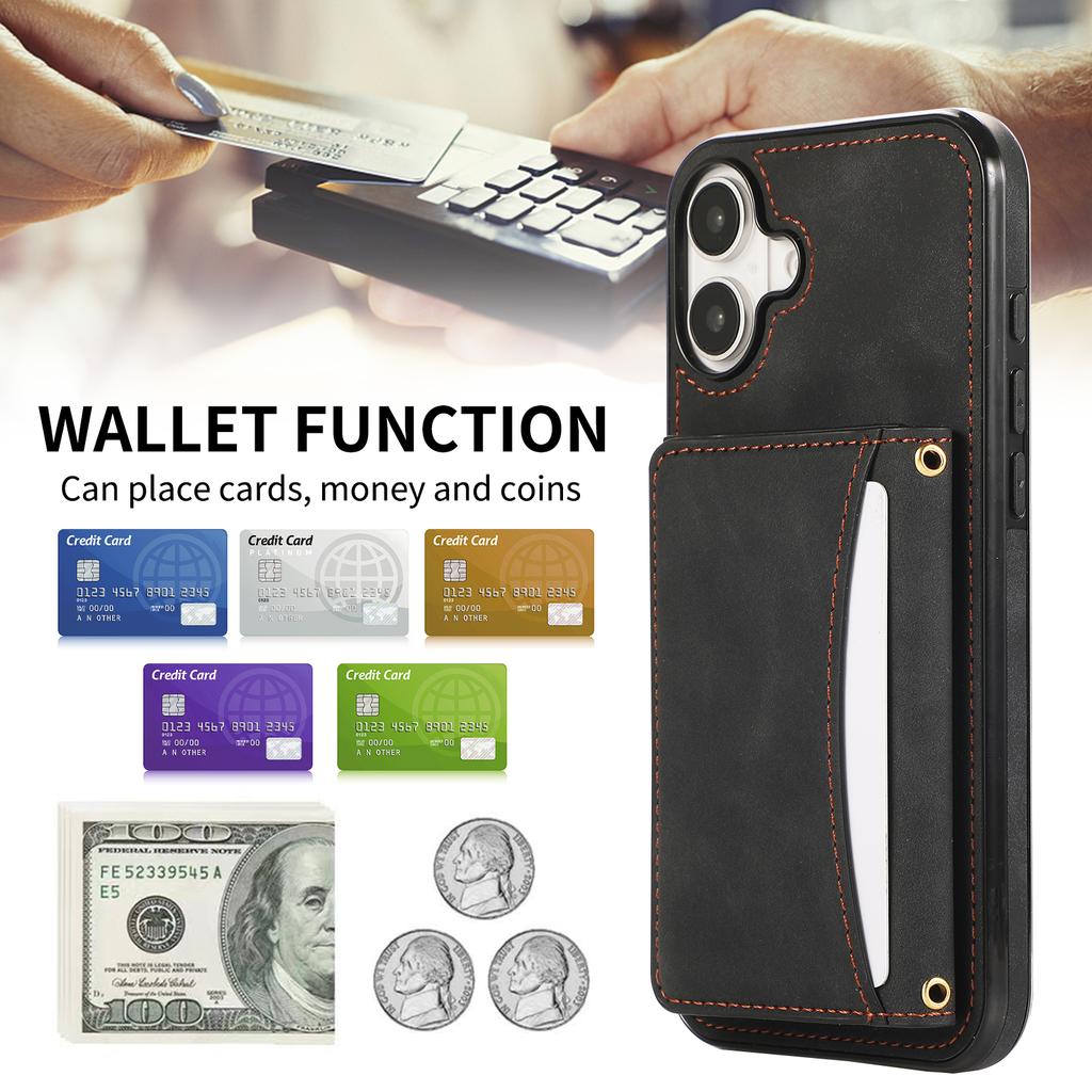 For iPhone 16 Phone Case Tri-Fold Wallet Kickstand PU Leather+TPU Back Cover