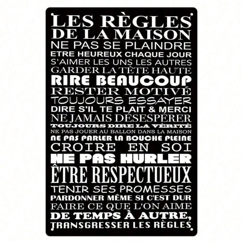 Vintage French Family Motto Metal Wall Sign, House Rules Tin Poster for Living Room Decor