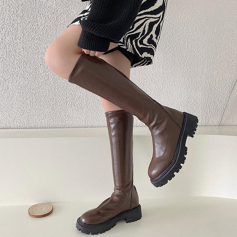 Botins de Inverno Sapatos Femininos Botas de Cano Médio Botas Baixas de Couro PU Macio Sapatos Moda Feminina Outono e Inverno Novo