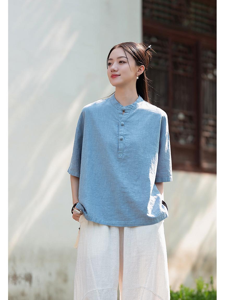 Women s Short-Sleeve Retro Frog Button Linen-Cotton Zen Top One Size