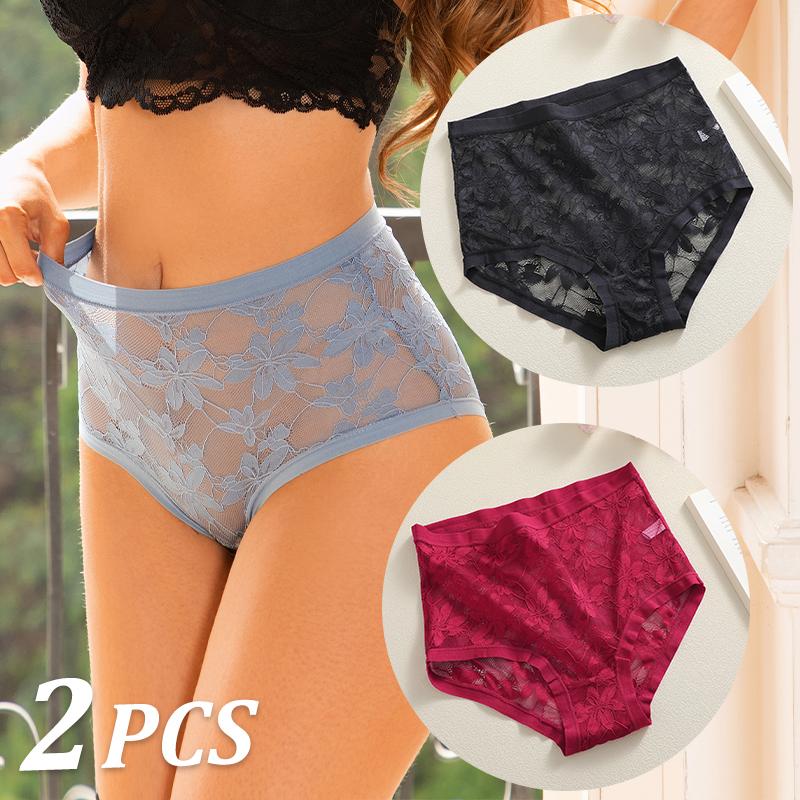 FINETOO 2Pcs Sexy Floral Lace Panties High Waist Lace Briefs Hollow Out See-Through Romantic Lingerie Fashionable Underpants Underwear