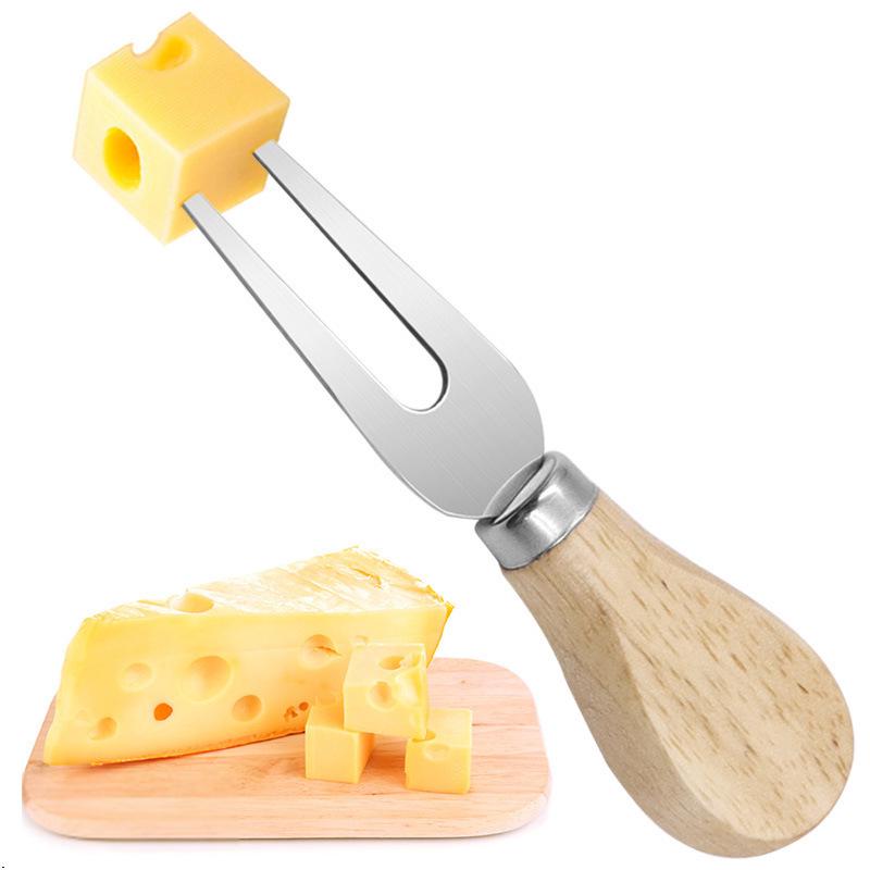 Stainless Steel Cheese Knife Set with Oak Handles: Butter Knife, Pizza Knife, Cheese Knife, and Fruit Fork (4-Piece)