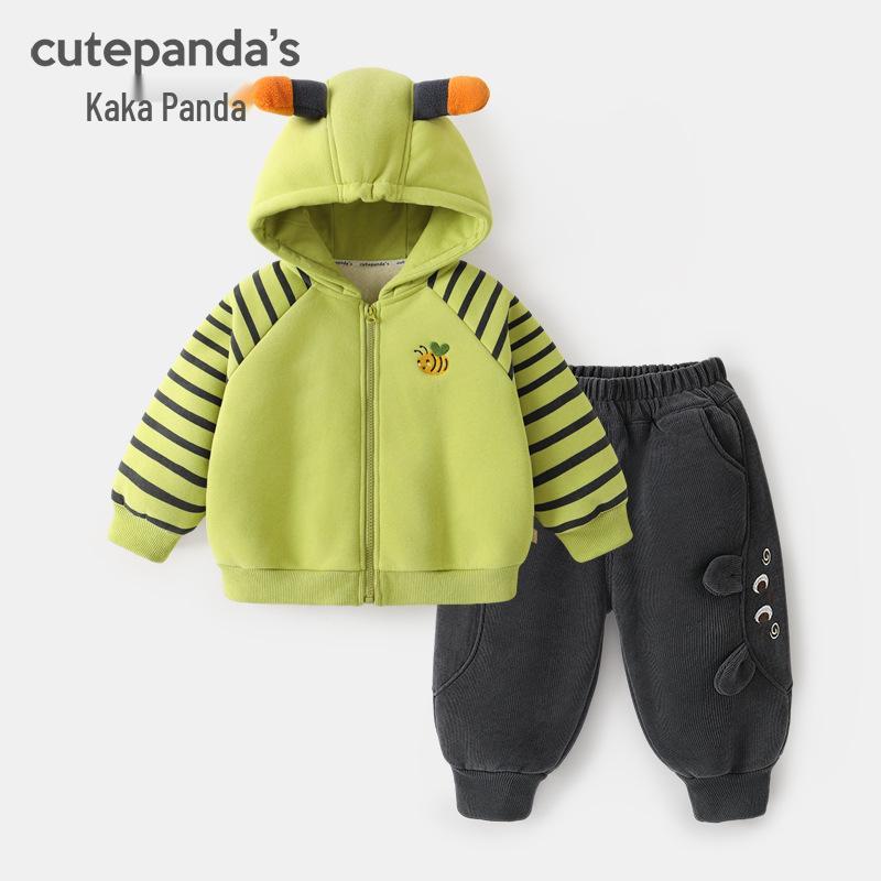 Kaka Panda Fleece-Lined Hooded Jacket & Pants Set for Boys - Baby Winter/Autumn Warm Clothing 73 cm