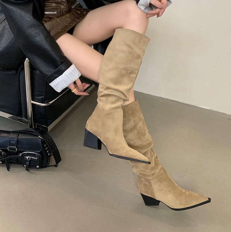 

Остроносые Плиссированные Длинные Рыцарские Сапоги Женские Осенне-Зимние Высокие Женские Сапоги в Стиле Вестерн Ковбойские 39 хаки