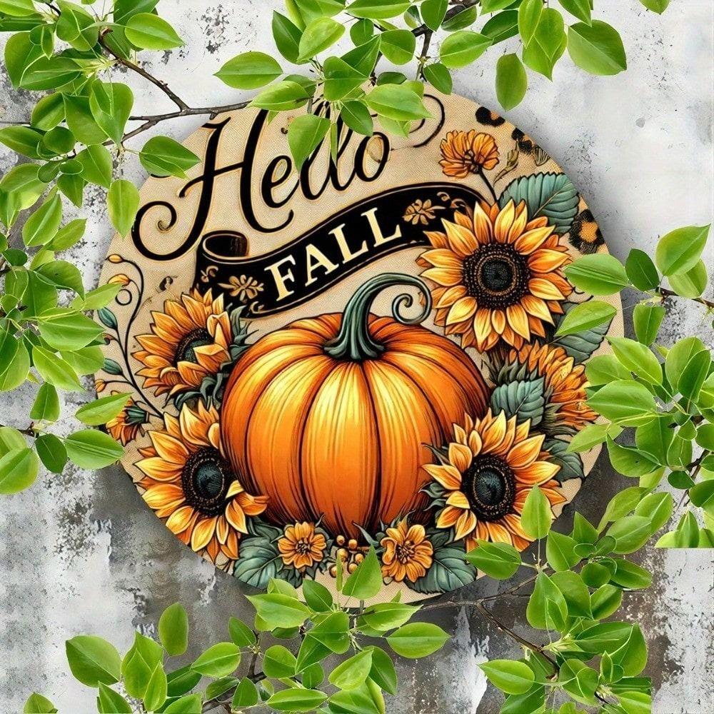 Tin Sign Fall Vintage Hello Fall Metal Poster, Farmhouse Wall Art 8x8 Inch