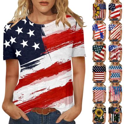 Women Summer 2022 Short Sleeve Independence Day Printed O-Neck T-Shirt Tops Blouse