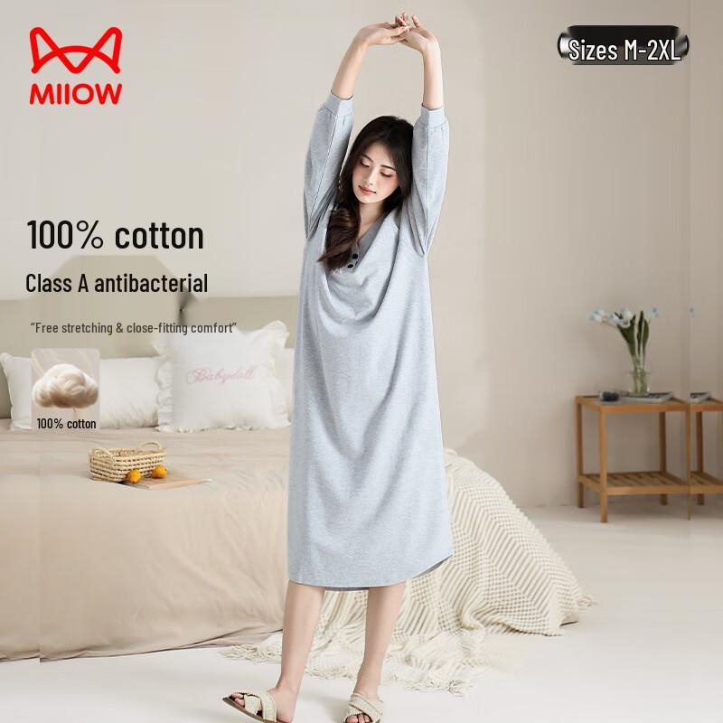Mao Ren Women s Pure Cotton Long Sleeve Nightgown 2XL