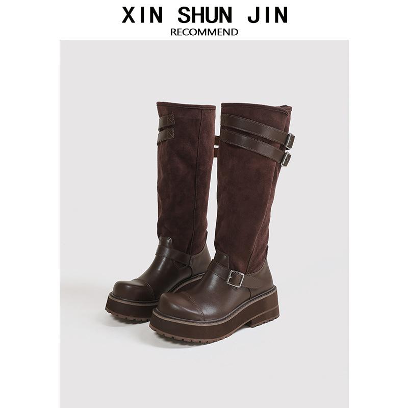 

Cowhide version~ thick-soled thick-heeled suede boots women s pleated large tube circumference stacking boots one pedal belt buckle high boots 40 коричневый