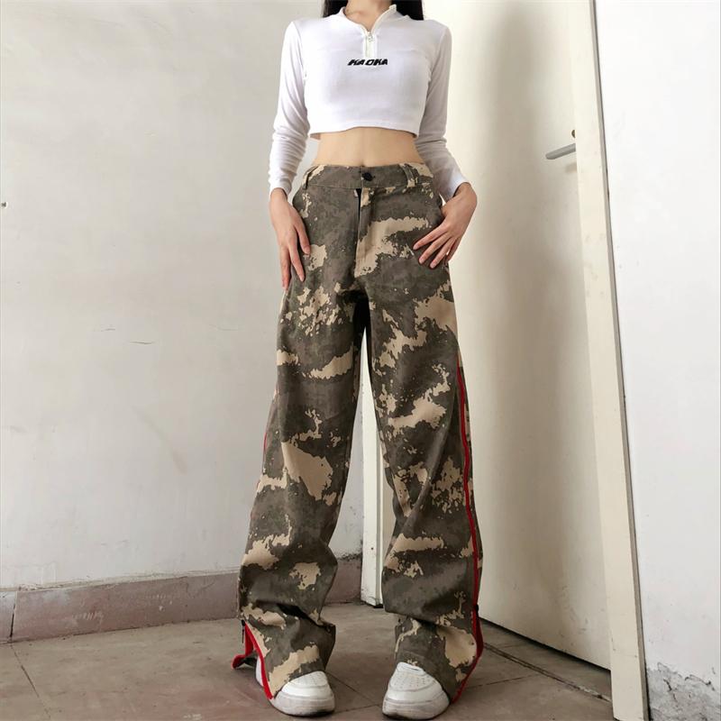 Pantaloni casual de primăvară toamnă Tide Hot girl retro talie înaltă pantaloni de camuflaj hiphop americani pentru femei salopete Harajuku largi