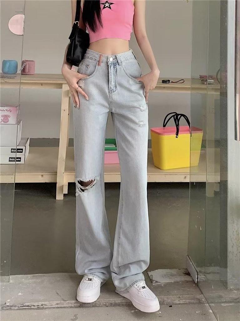 Women's Light-colored High Waist Ripped Straight Jeans - Summer Loose Fit Wide-leg Mopping Trousers