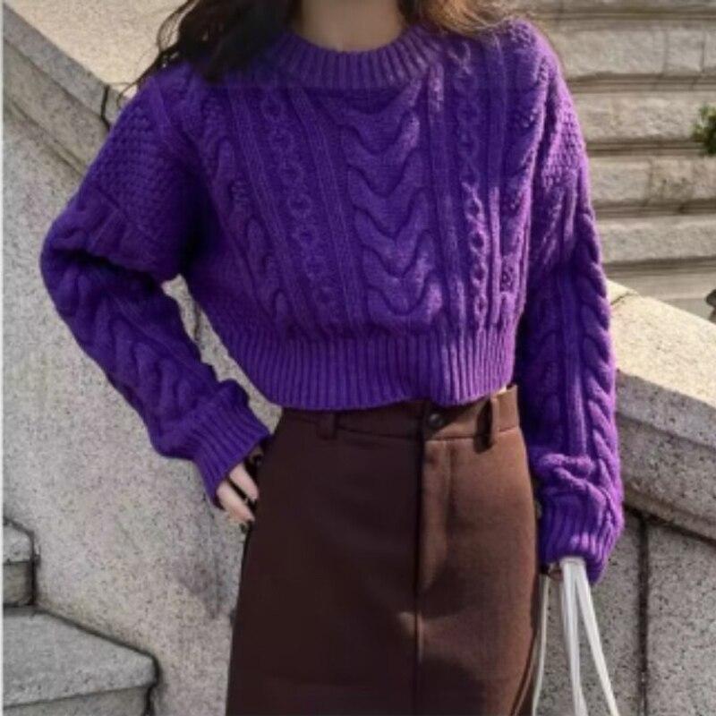 Vintage Knitted Pullovers Women Thicken Sweaters Autumn And Winter Sexy Short Tops Round Collar Solid Casual Loose Clothes 28464