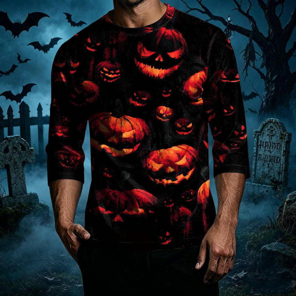 Men's Casual Halloween Printed Crew Neck T-Shirt Three Quarter Sleeve Top Lightweight Comfortable Fit for Everyday Wear