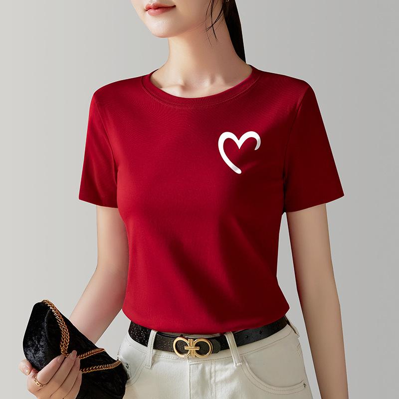 Forward Shoulder Round Neck Short-sleeved T-shirt for Women New Women's Heart-print Stretch Cotton T-shirt Korean Casual Top