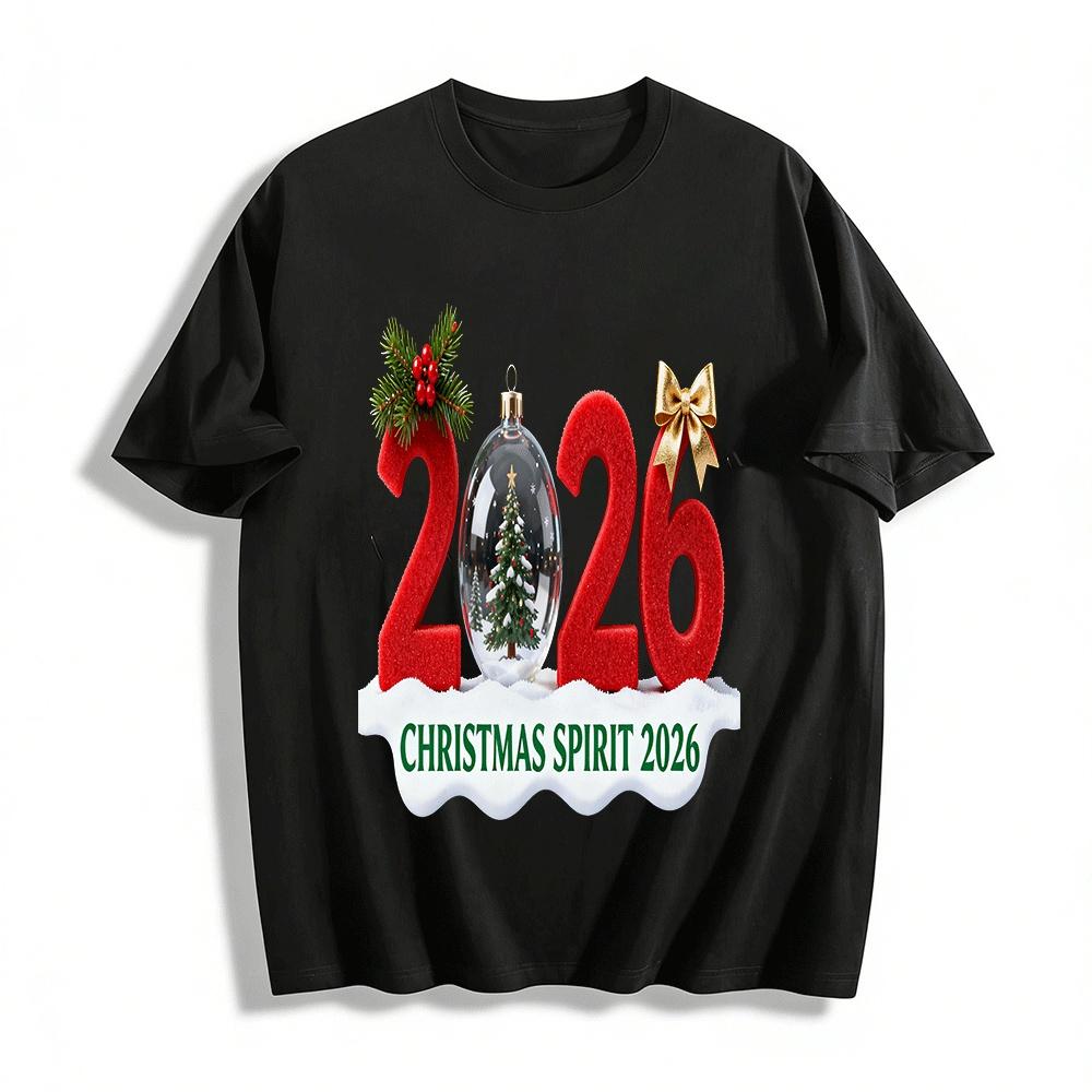 2026 Christmas Spirit Red Number Snow Globe Print Casual Top Pure cotton T-shirt XXS