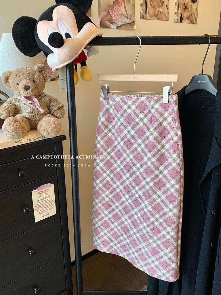 Academy Style Pink Plaid A-line Wool Skirt - Hip-Hugging for Spring & Autumn