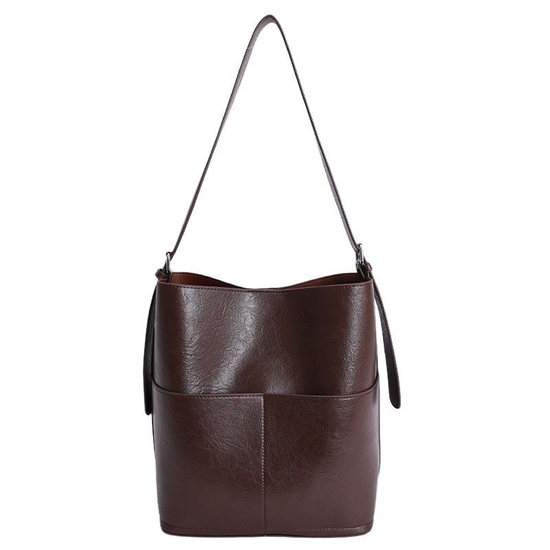 Borsa a Secchiello in PU con Tasca Frontale Grande Capacità Borsa a Spalla alla Moda