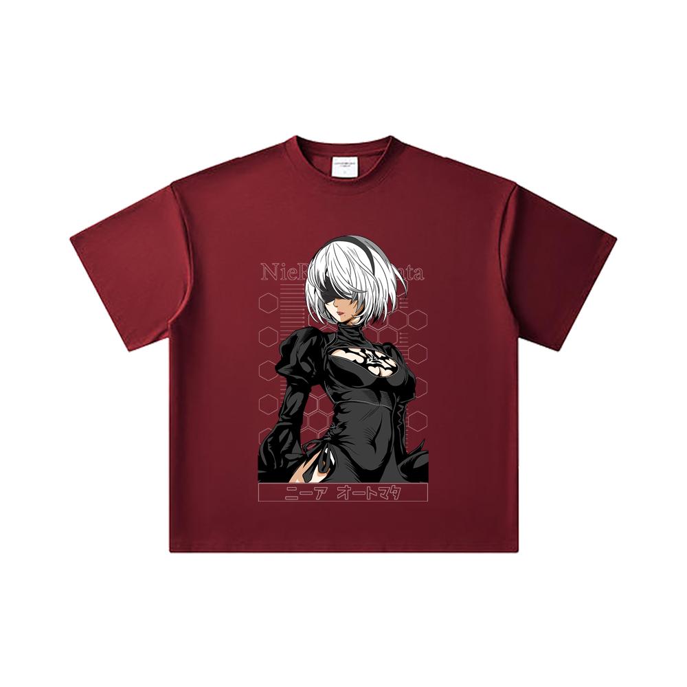 

260 GSM Double Yarn 32 Count 100% Cotton NieR Automata V2 2B Print Unisex Heavy Cotton T Shirt 2XL вина червоного кольору